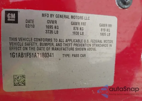 2010 Chevrolet Cobalt Ls from USA, damaged, VIN 1G1AB1F51A7180341